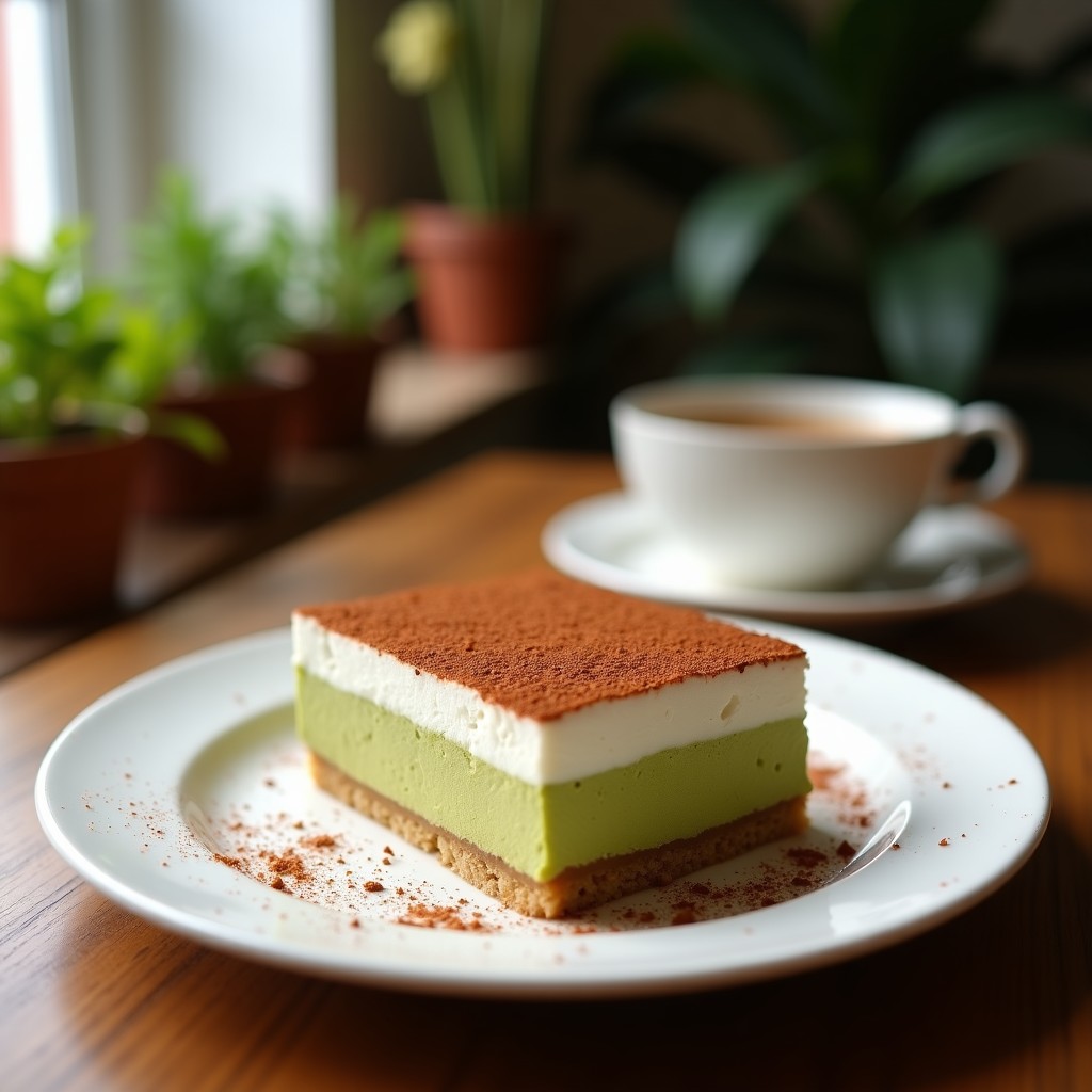Tiramisú de Matcha y Coco en vasitos de cristal con capas visibles: bizcocho dorado de almendra y coco, crema verde suave de matcha, y decoración de coco rallado y frambuesas frescas. Postre fusión japonés-italiano sin lácteos.