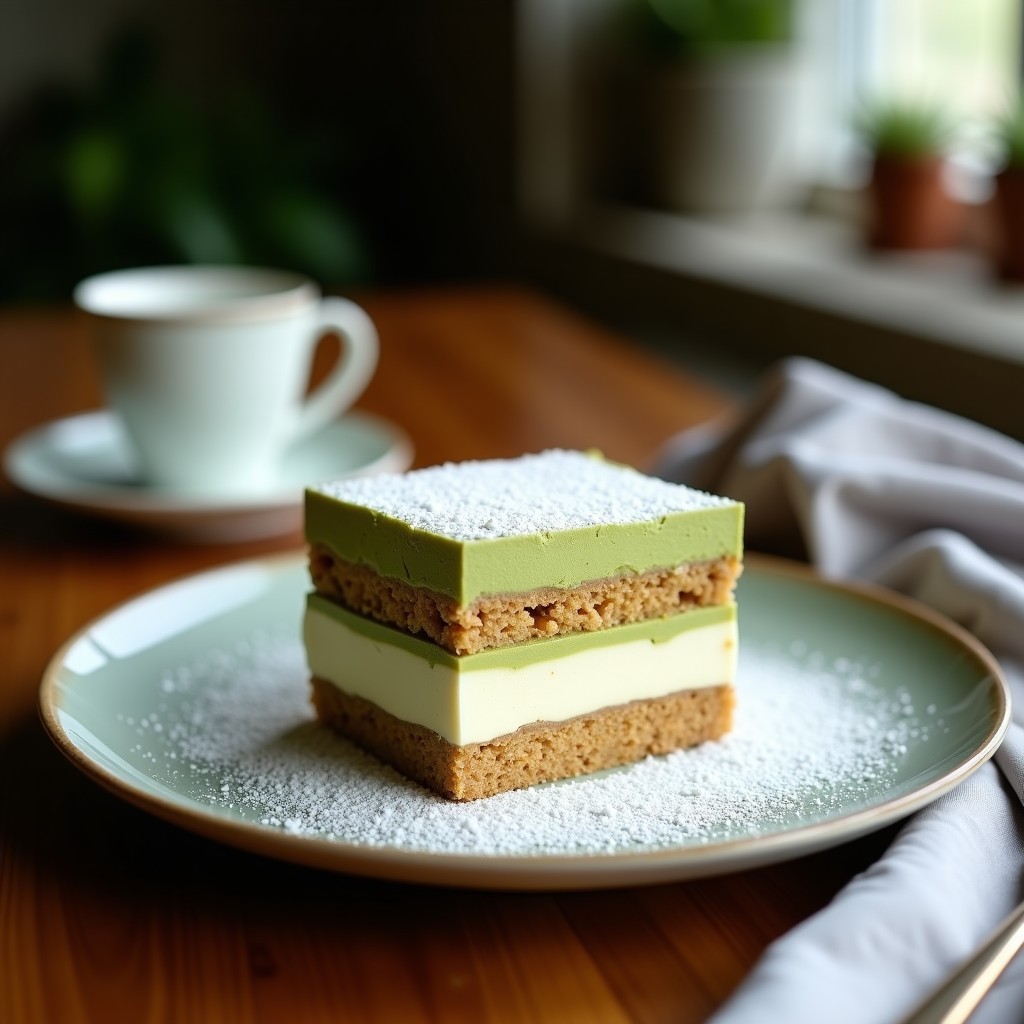 Tiramisú vegano en 4 capas: base de almendra y coco, crema verde de matcha y anacardos, gelatina translúcida de coco, y topping espumoso de crema de coco con decoración de matcha en espiral. Servido en molde rectangular con fondo blanco.