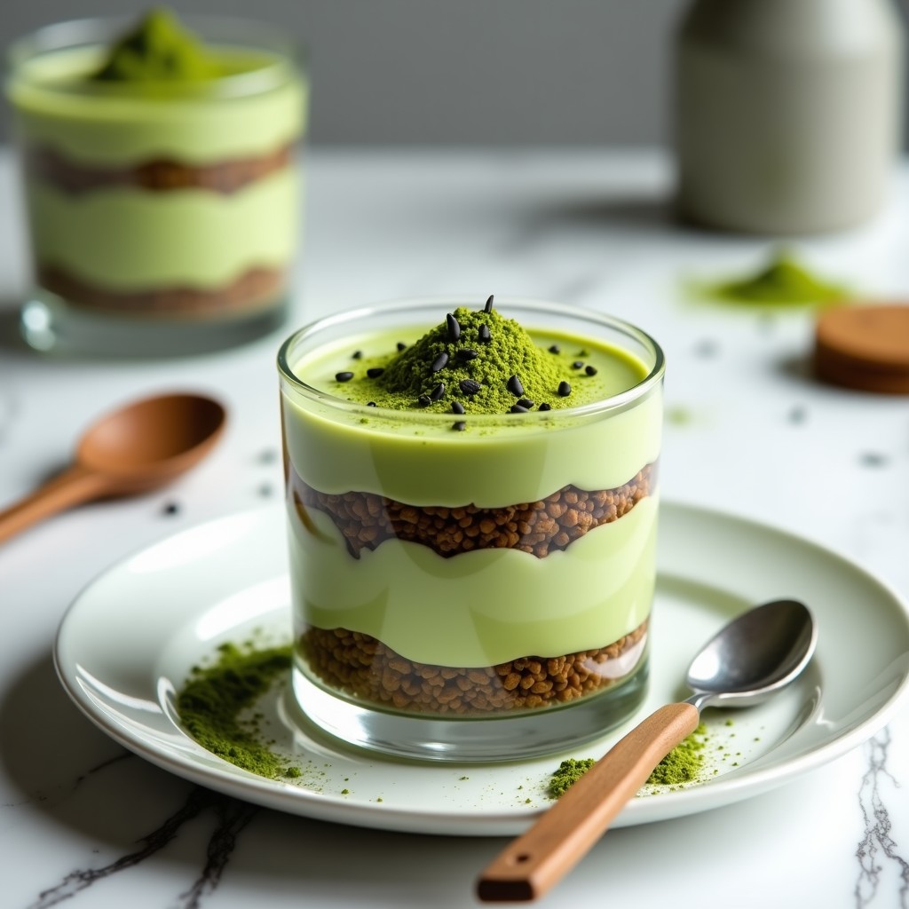 Tiramisú keto de matcha y galletas de arroz en copa de cristal transparente, con capas verdes oscuras de crema y galletas integrales, decorado con semillas de sésamo negro y polvos de matcha. Postre sin azúcar y sin horno.