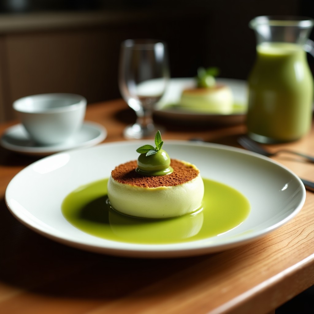 Tiramisú vegano de matcha en copa de cristal, con capas visibles de crema blanca y verde, bizcochos de soja y almendras fileteadas, espolvoreado con cacao en polvo.