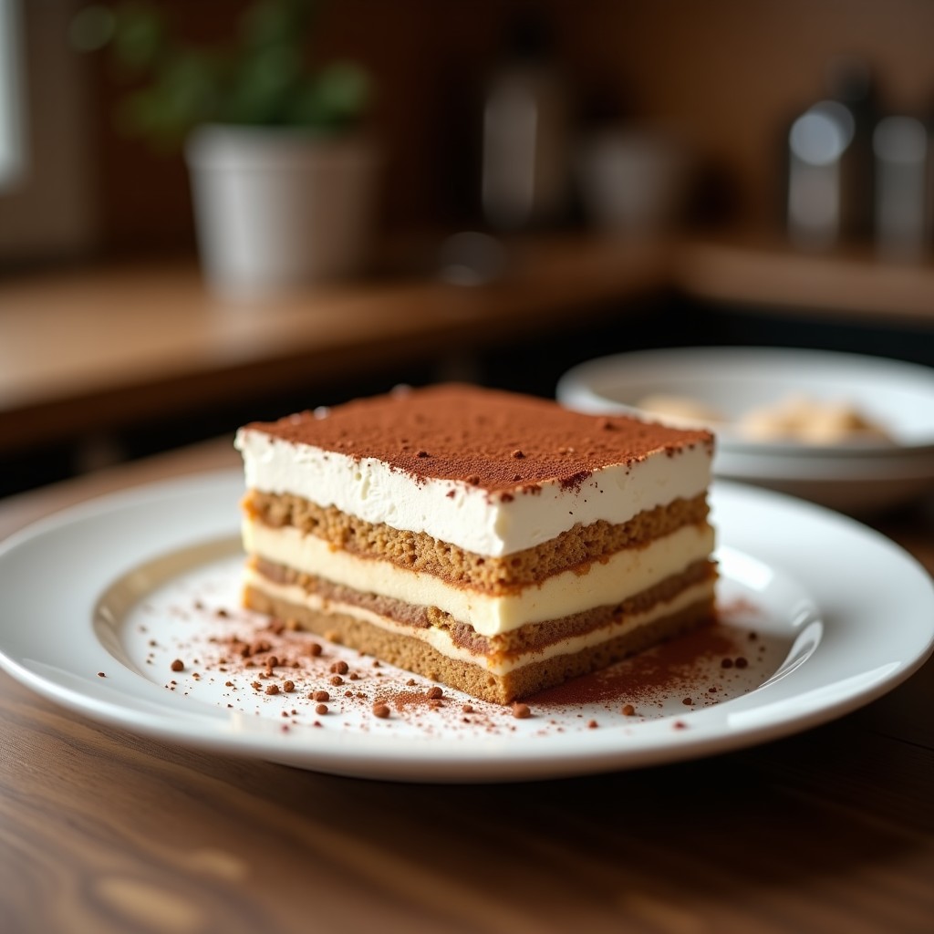 Tiramisu sin huevo en fuente rectangular de cristal, con capas visibles de bizcochos humedecidos en café, crema de mascarpone esponjosa y espolvoreado generoso de cacao en polvo. Postre italiano clásico sin huevo crudo.