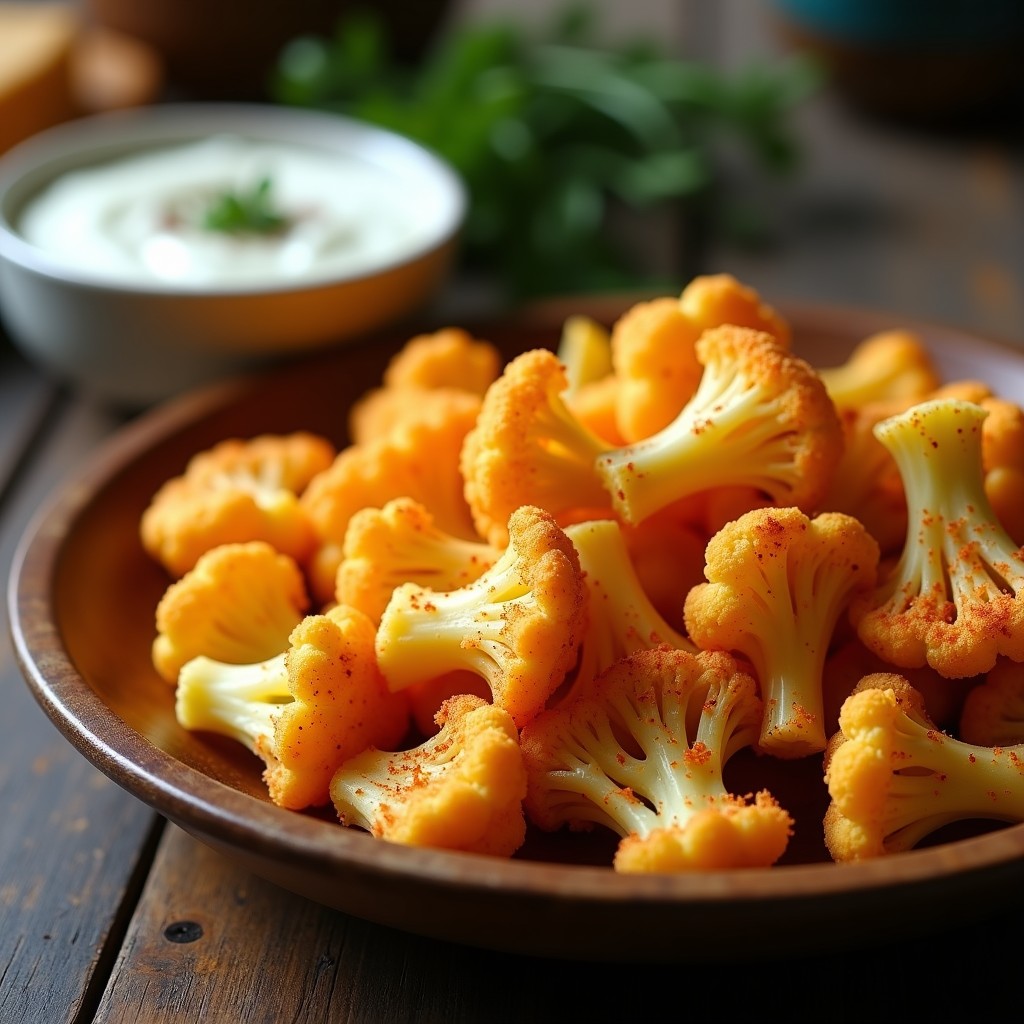 Tiras doradas y crujientes de coliflor al horno con especias, dispuestas en una bandeja de madera rústica con dip de yogur al lado, receta baja en carbohidratos.