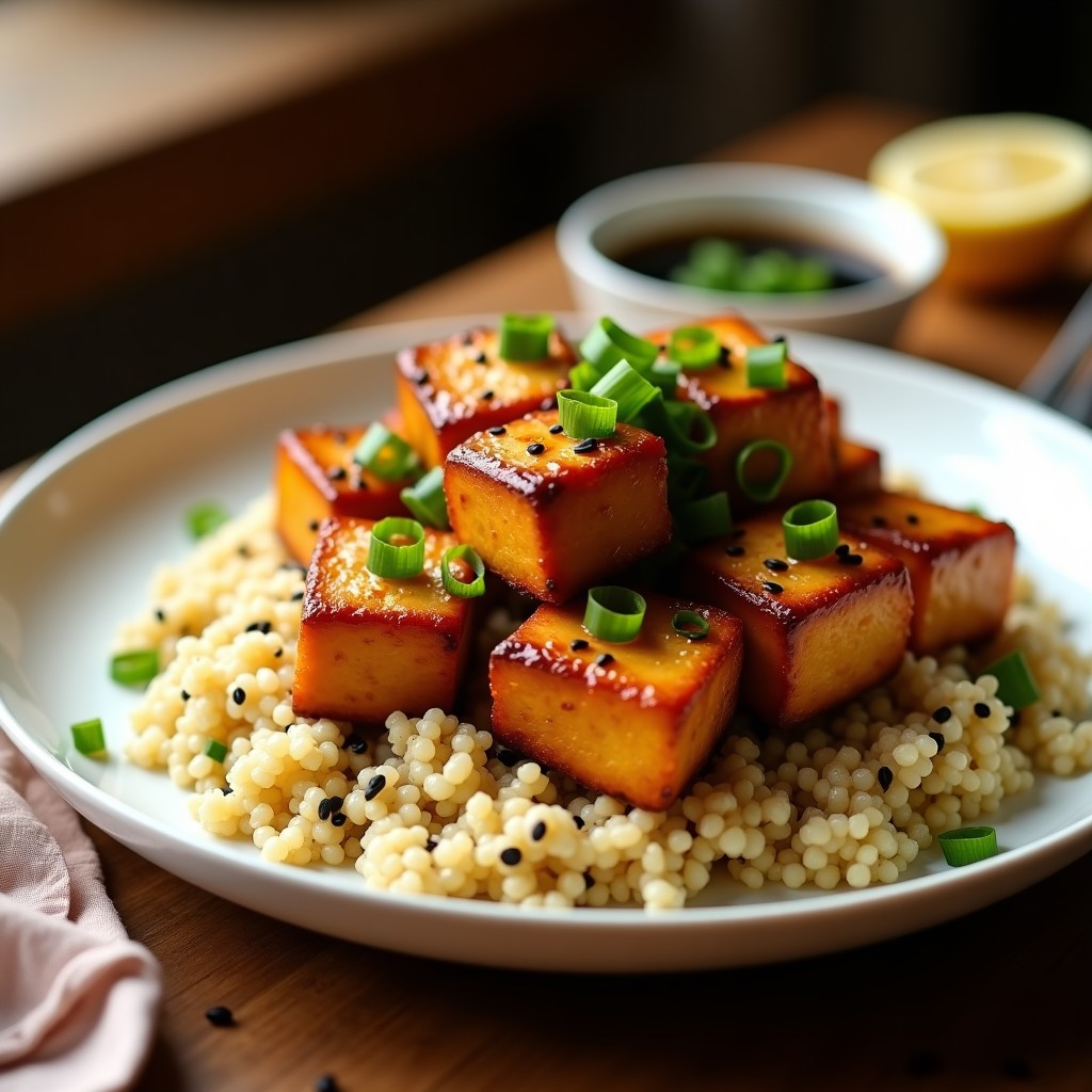 Plato blanco con tofu ahumado casero dorado en cubos, brillantes por la marinada, servidos sobre lecho de quinoa y decorados con semillas de sésamo negro. Receta de tofu ahumado en airfryer.