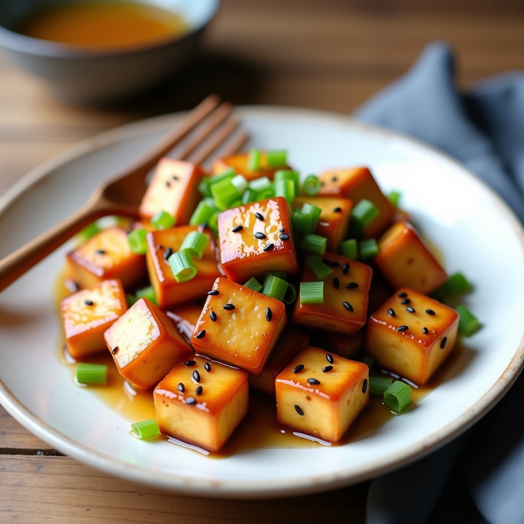 Plato blanco con cubos dorados de tofu al miso glaseado con miel y sésamo tostado, servidos sobre una cama de lechuga. Receta japonesa crujiente hecha en airfryer.
