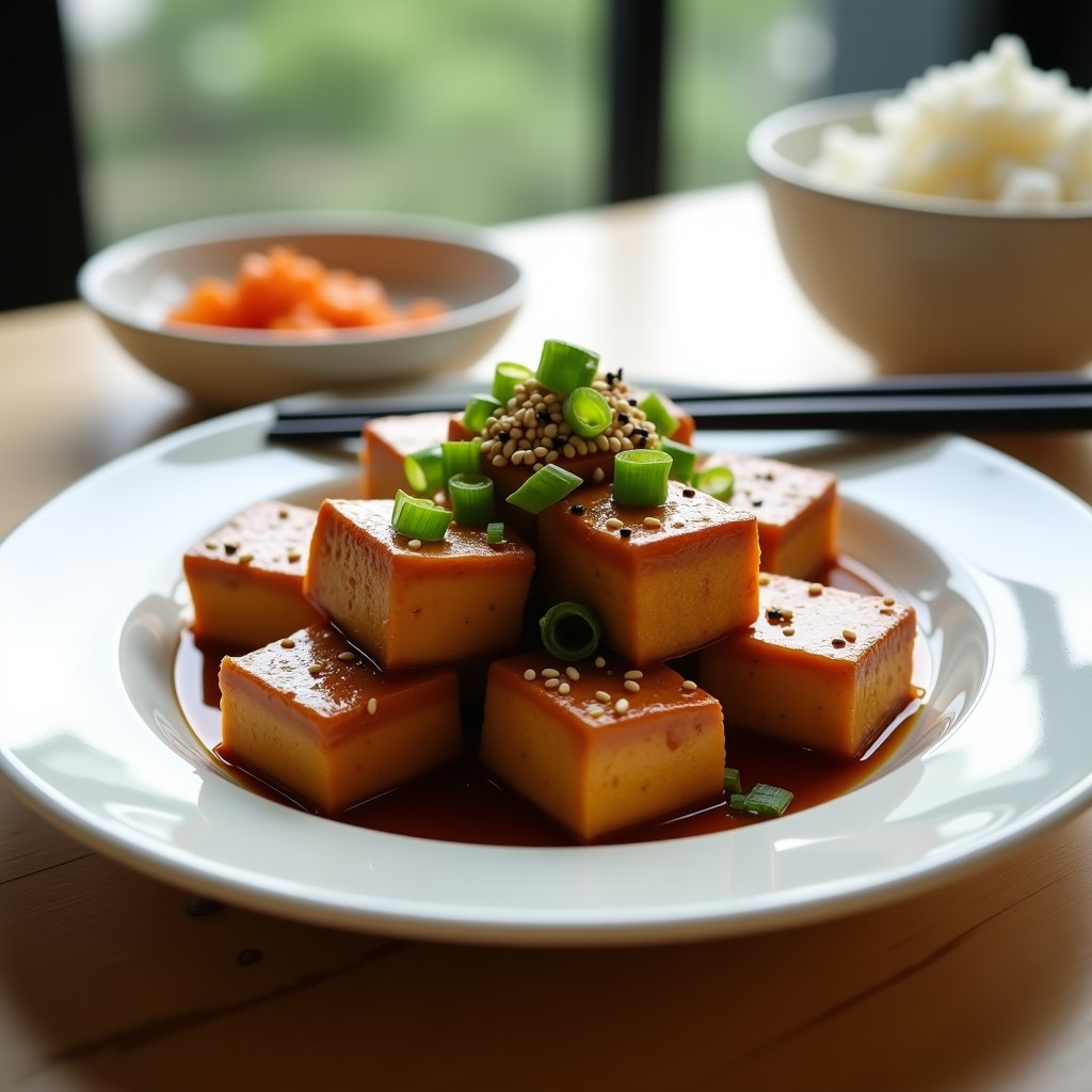 Plato blanco con tofu al vapor en cubos dorados bañados en salsa teriyaki de tamari brillante, decorado con semillas de sésamo y cebollino picado, servido con palillos y un bol de arroz al fondo.