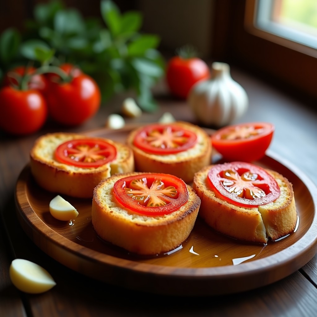 Plato de madera con cuatro torradas catalanas recién hechas, pan tostado con tomate y ajo, bañadas en aceite de oliva virgen extra, sobre fondo rústico.