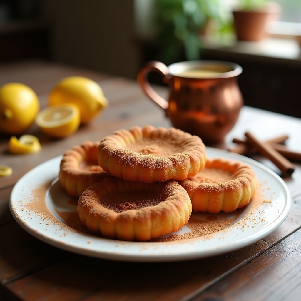 Plato blanco con torrijas doradas y crujientes, espolvoreadas con azúcar y canela, servidas junto a un cazo con leche condensada y una rama de canela al lado.