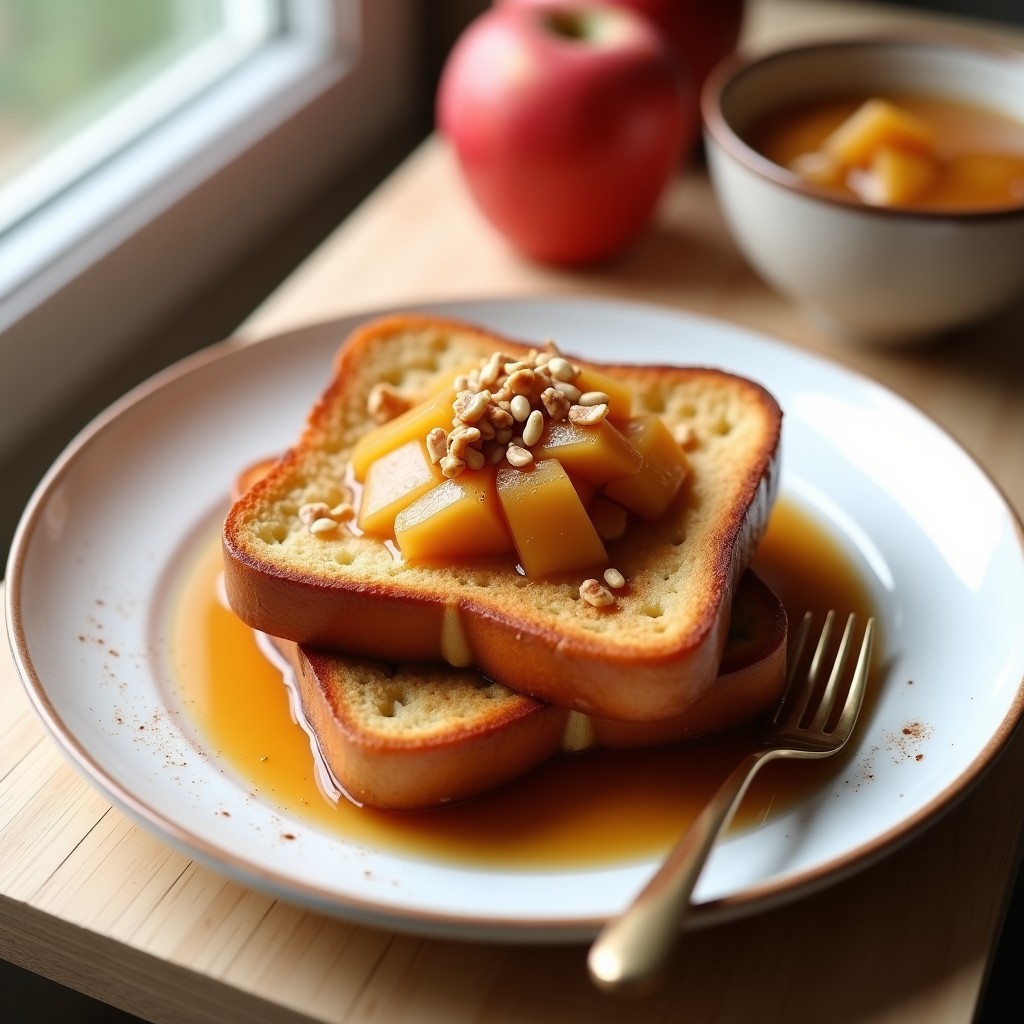 Torrijas doradas de pan de centeno sin gluten dispuestas en un plato blanco, cubiertas con compota de manzana brillante y espolvoreadas con nueces picadas y canela, postre saludable y sin lactosa.