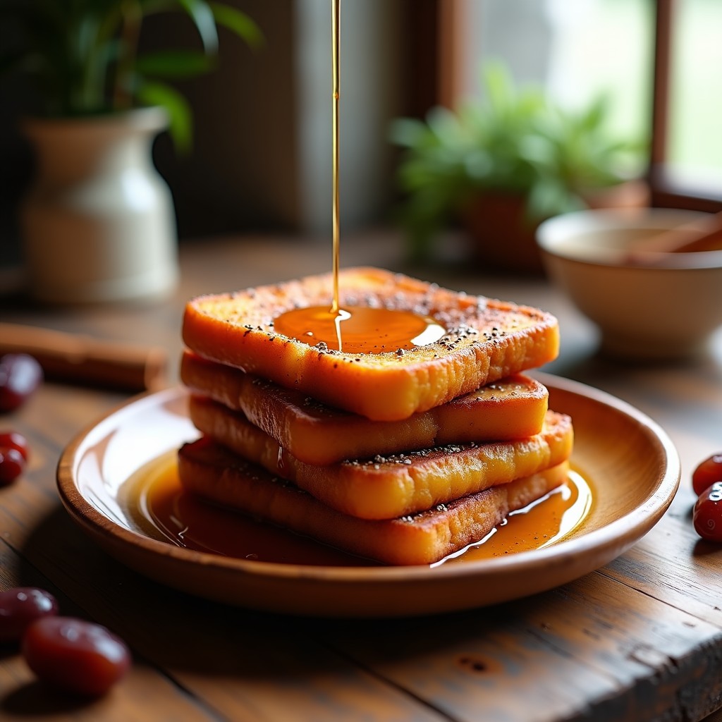 Plato de torrijas doradas de pan de maíz apiladas, bañadas en sirope de dátiles brillante y espolvoreadas con canela y semillas de chía, sobre fondo rústico de madera.