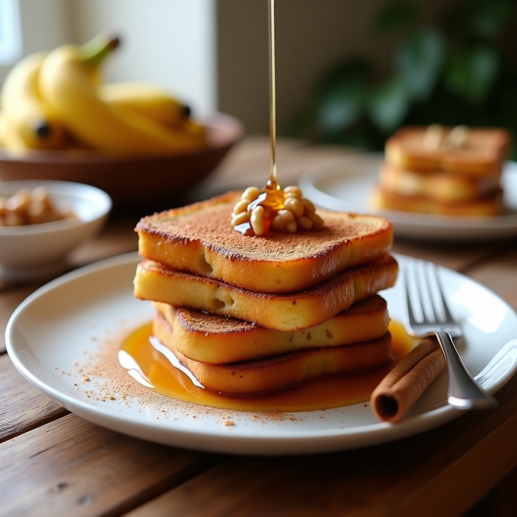 Torrijas doradas y crujientes de pan de plátano keto sin gluten, apiladas en un plato blanco con sirope de arce sin azúcar y canela espolvoreada, acompañadas de nueces picadas. Desayuno keto rápido y saludable.