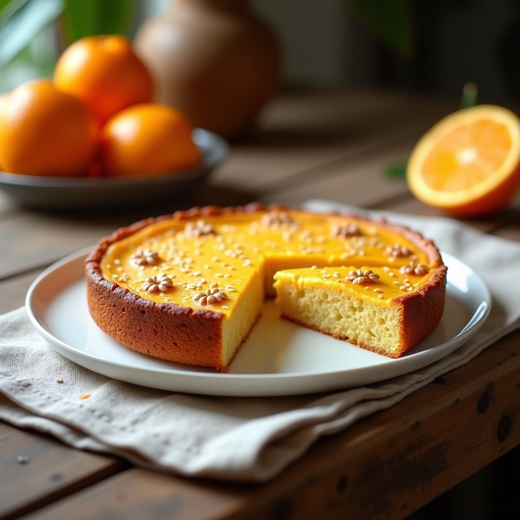 Torta dorada de aceite de oliva y naranja con harina de garbanzo, decorada con semillas de sésamo, cortada en porciones y servida sobre un plato de cerámica blanca con rodajas de naranja fresca al lado.