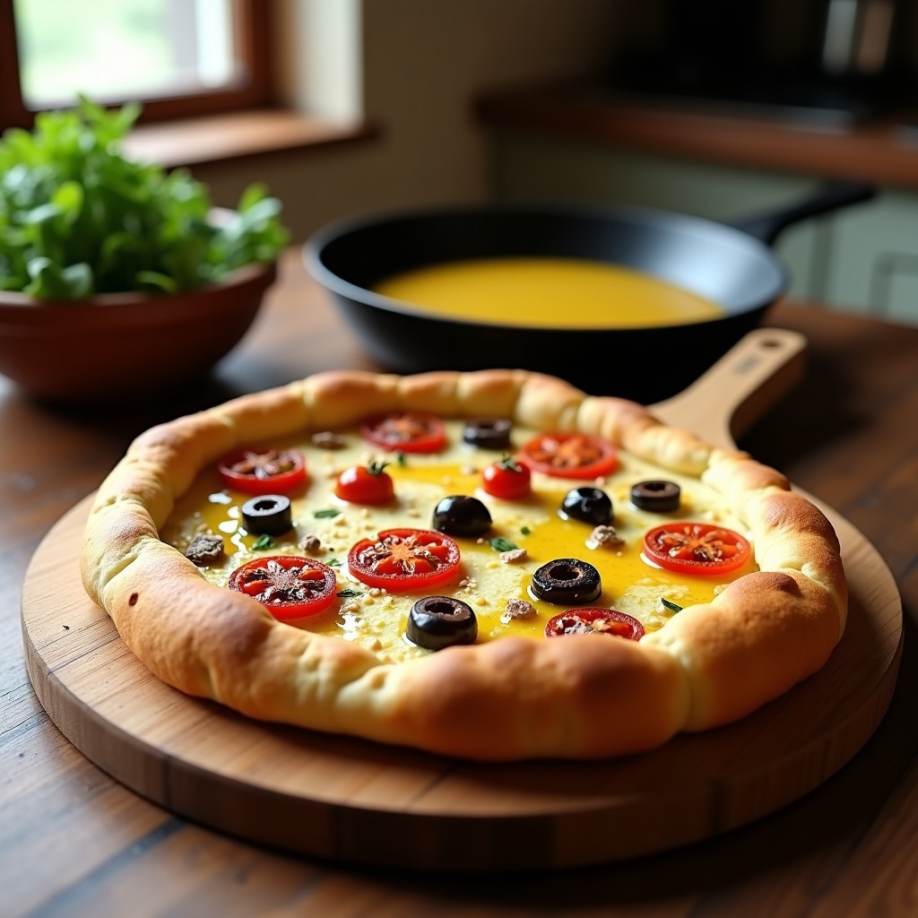 Torta italiana dorada y esponjosa con trozos visibles de aceitunas negras y tomate seco, espolvoreada con semillas de sésamo, cortada en porciones y servida sobre una tabla de madera rústica con hojas de albahaca fresca.