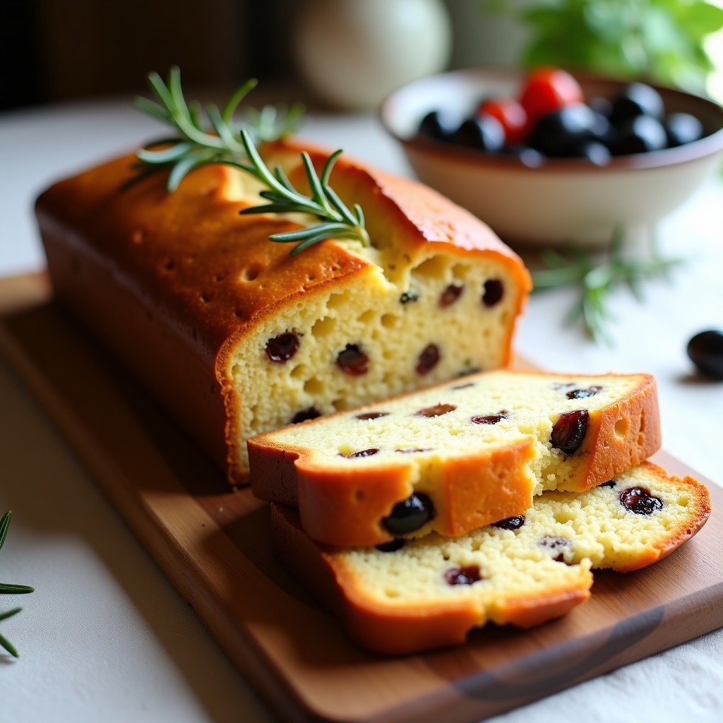 Torta dorada y esponjosa de aceitunas y tomates secos sin gluten, cortada en rodajas sobre una tabla de madera rústica. Se ven trozos de aceitunas negras y tomates secos en la miga, con un toque de romero fresco. Plato ideal como aperitivo o entrante saludable.