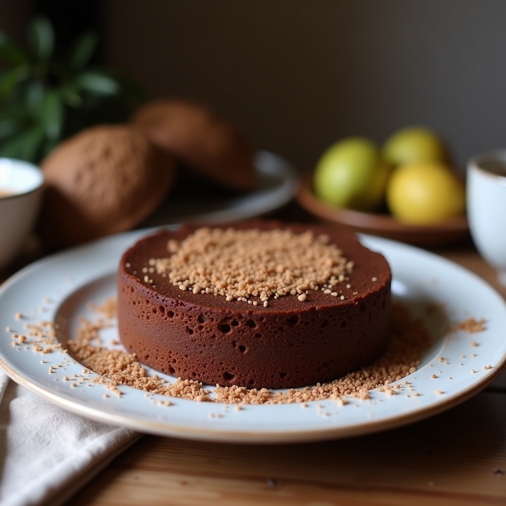 Torta de chocolate y avena sin harina en plato blanco, textura esponjosa y color oscuro, espolvoreada con cacao en polvo, servida con fresas frescas.