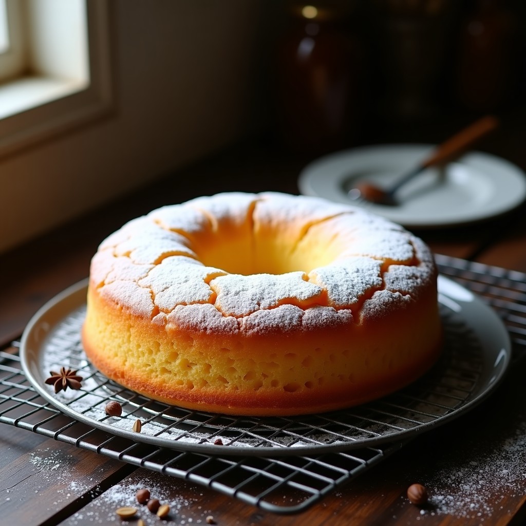 Torta de aceite sevillana dorada y esponjosa sobre una rejilla de metal, con azúcar glass espolvoreada y un fondo rústico de madera.