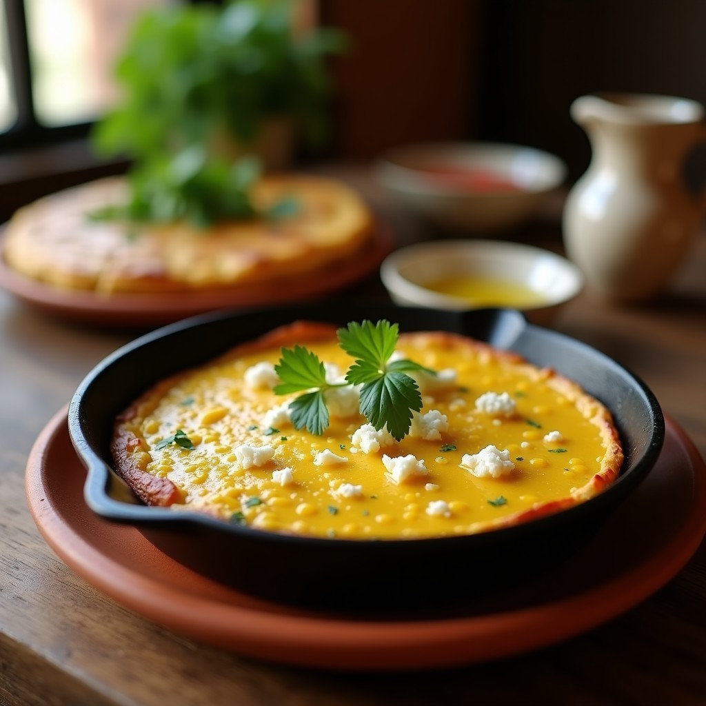 Torta dorada de elote y queso de cabra con hojas de cilantro fresco, servida en plato de barro con semillas de sésamo y aceite de oliva, desayuno mexicano sin harina.