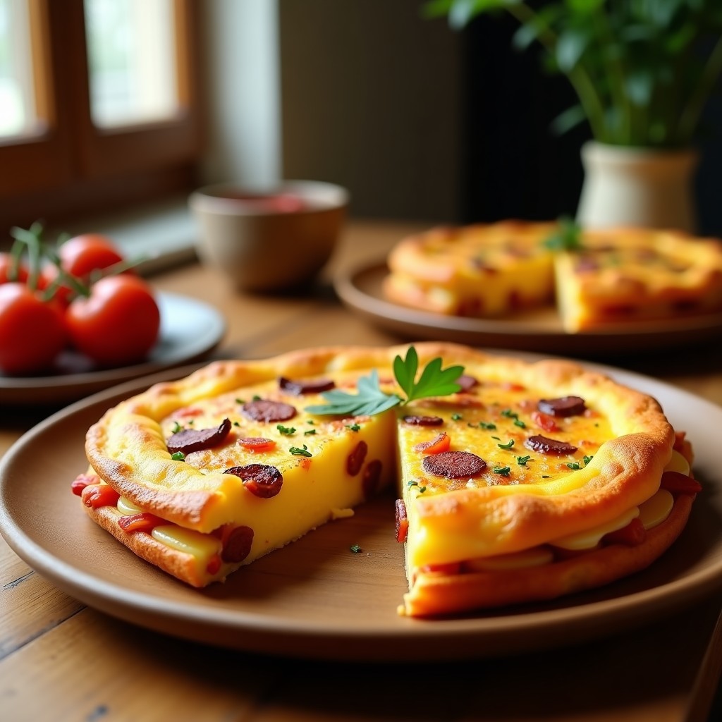 Torta dorada de patata y chorizo con huevo cortada en porciones, cocinada en airfryer, con textura crujiente por fuera y jugosa por dentro, servida en plato rústico.
