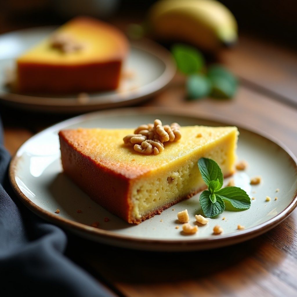 Torta de Sacha Inchi y plátano macho sin harina ni azúcar, con textura esponjosa y dorada, decorada con nueces picadas sobre un plato de cerámica rústica. Postre amazónico saludable y nutritivo.