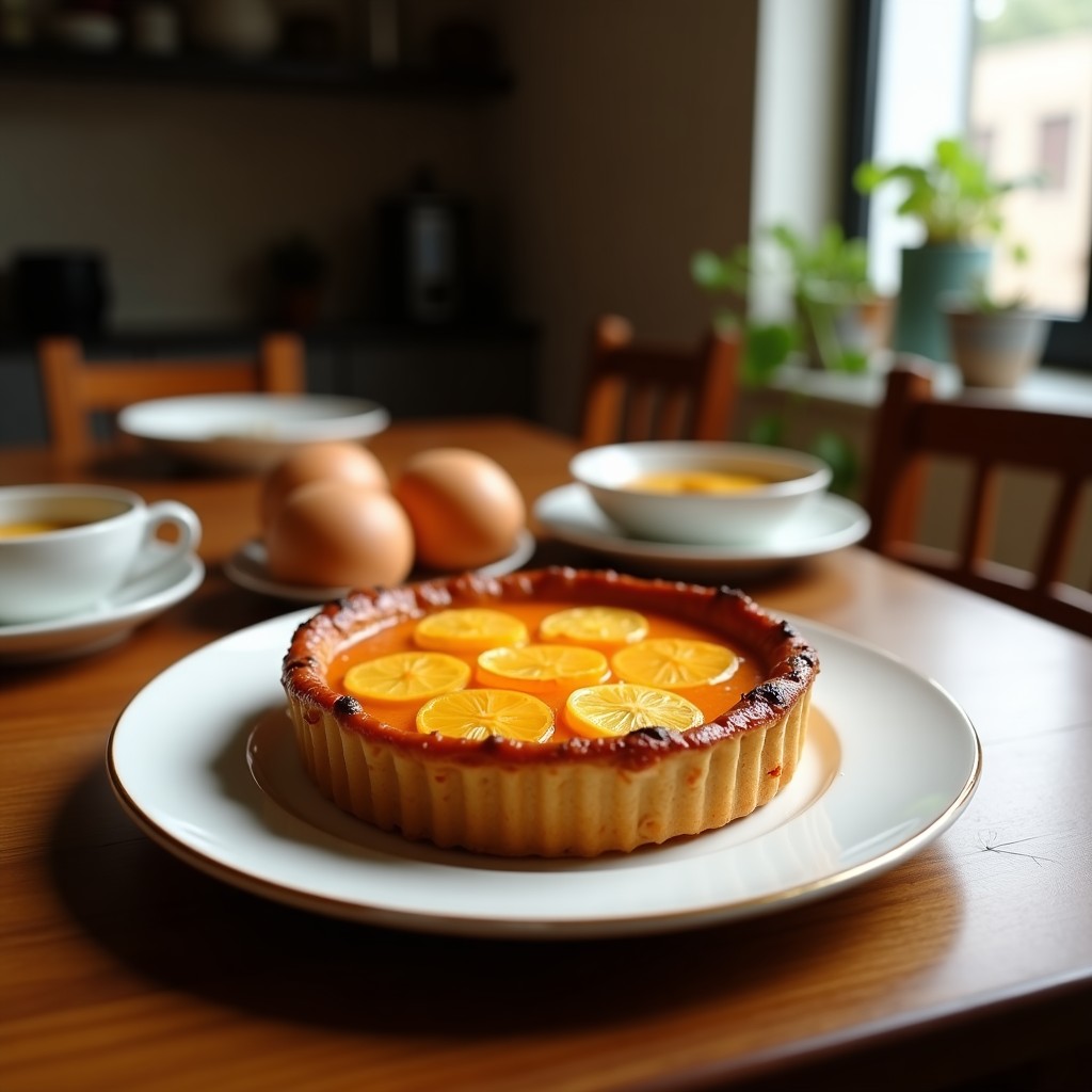 Torta de Santiago tradicional gallega sobre plato blanco, con cruz de Santiago de azúcar glas, textura dorada y esponjosa, almendras visibles en el corte.