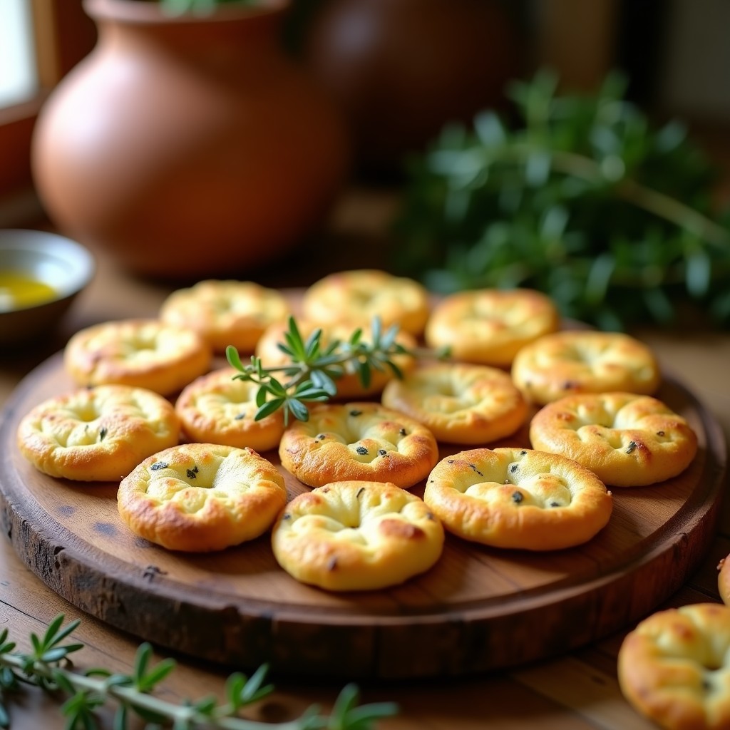 Bandeja de madera con tortas de aceite doradas y crujientes, espolvoreadas con hierbas provenzales secas, sobre un fondo rústico de cocina mediterránea.