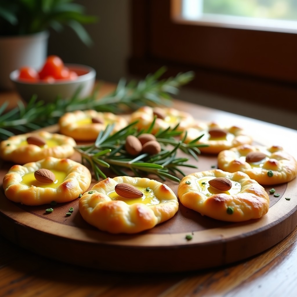 Tortas de aceite de oliva y romero sin gluten, doradas y crujientes, dispuestas en una bandeja de madera rústica con ramas de romero fresco y semillas de sésamo. Receta tradicional andaluza reinventada.