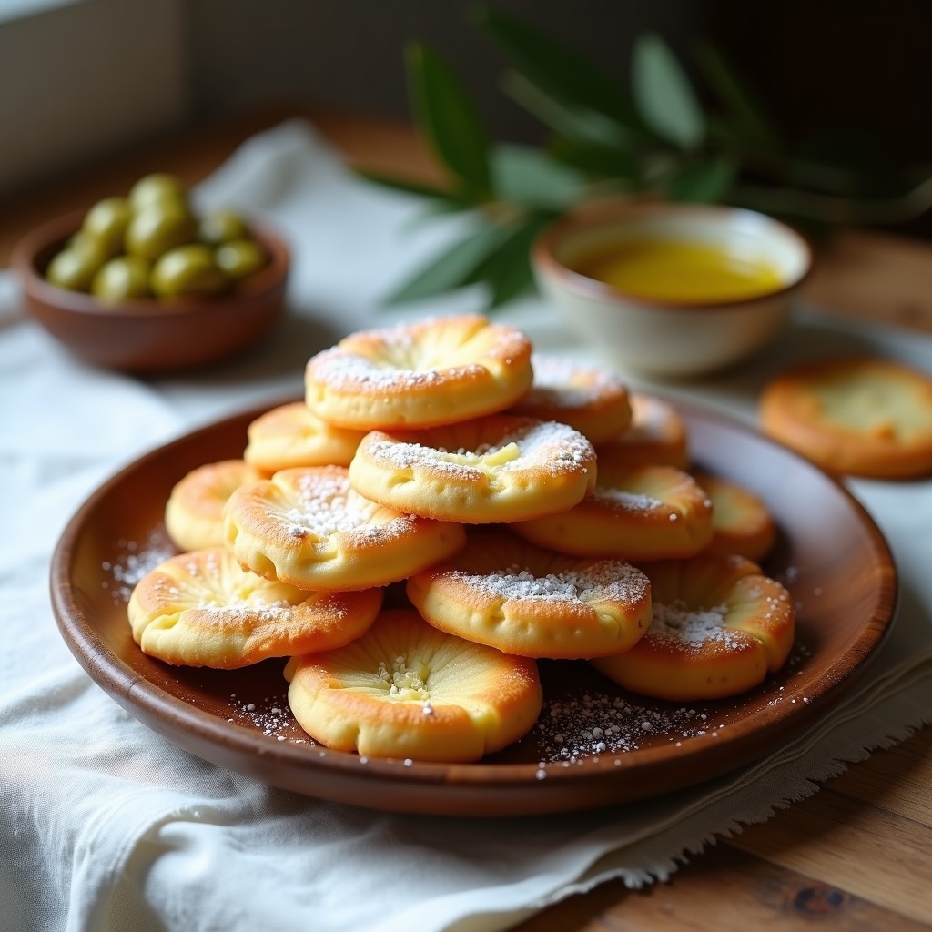 Plato de madera rústico con tortas de aceite de oliva doradas y crujientes, apiladas y espolvoreadas con azúcar glass, sobre un mantel de lino blanco.