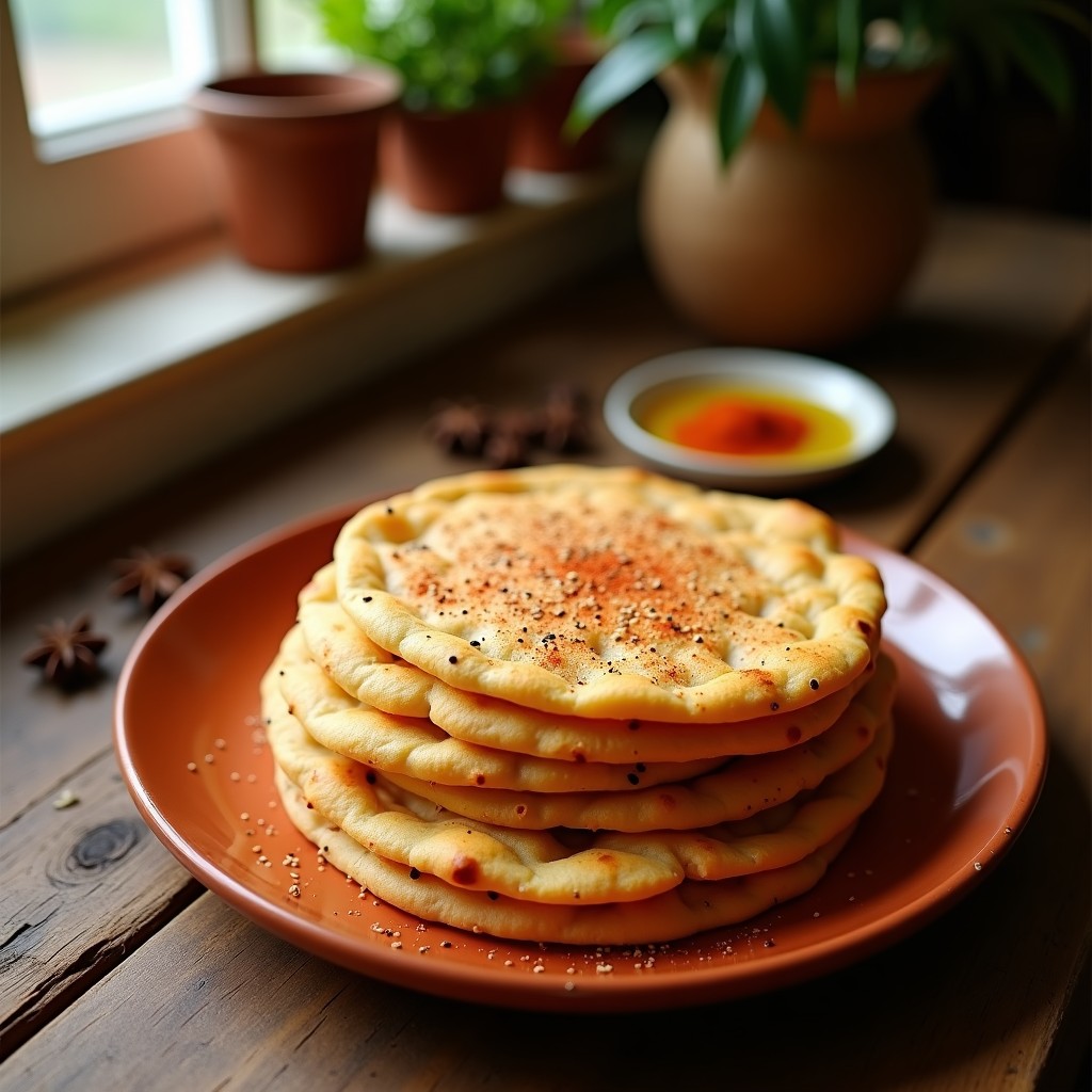 Tortas de aceite doradas con pimentón ahumado y semillas de sésamo, apiladas en un plato de barro sobre fondo rústico de madera.