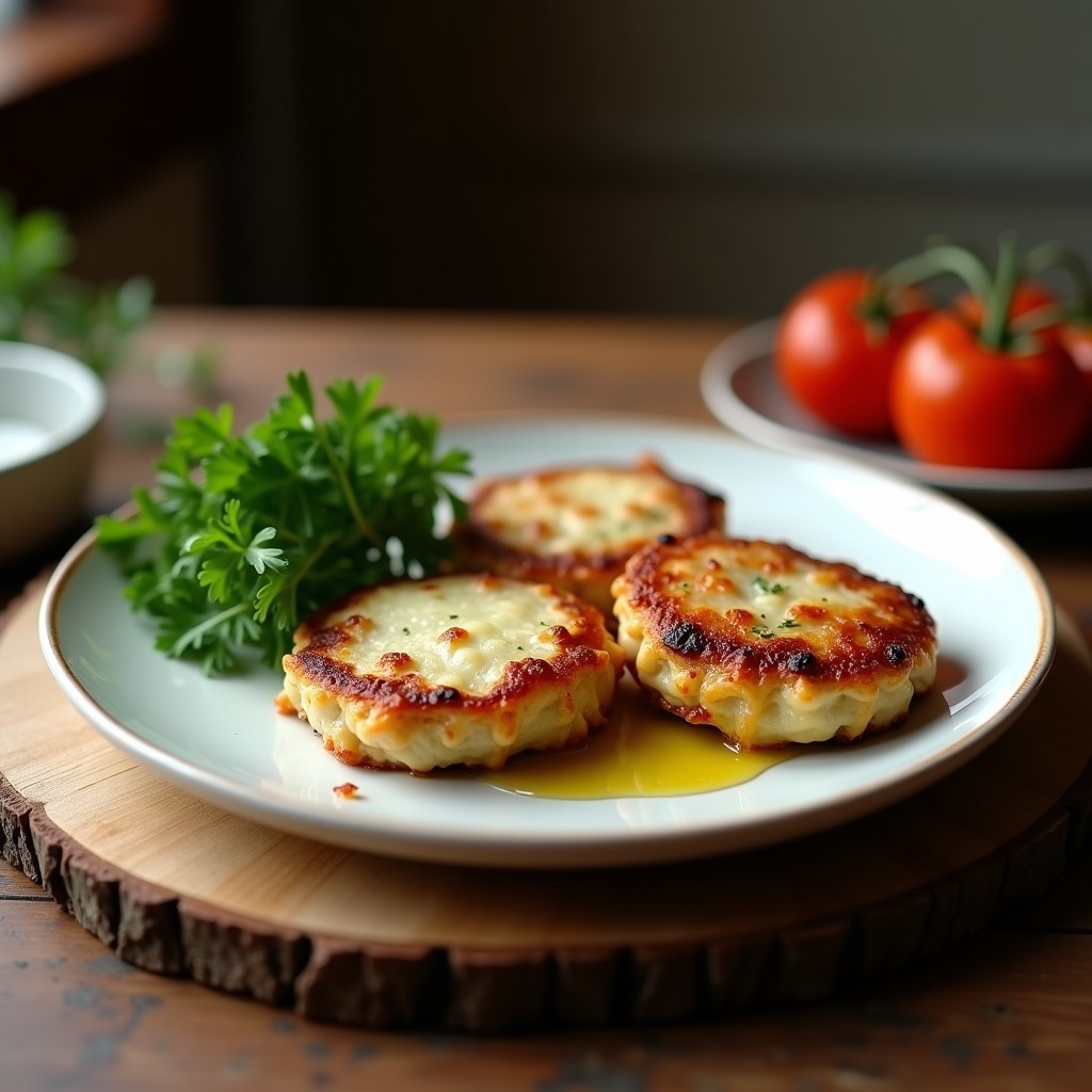 Tortas doradas de berenjena y parmesano al horno, crujientes por fuera y tiernas por dentro, servidas en un plato blanco con hierbas frescas.