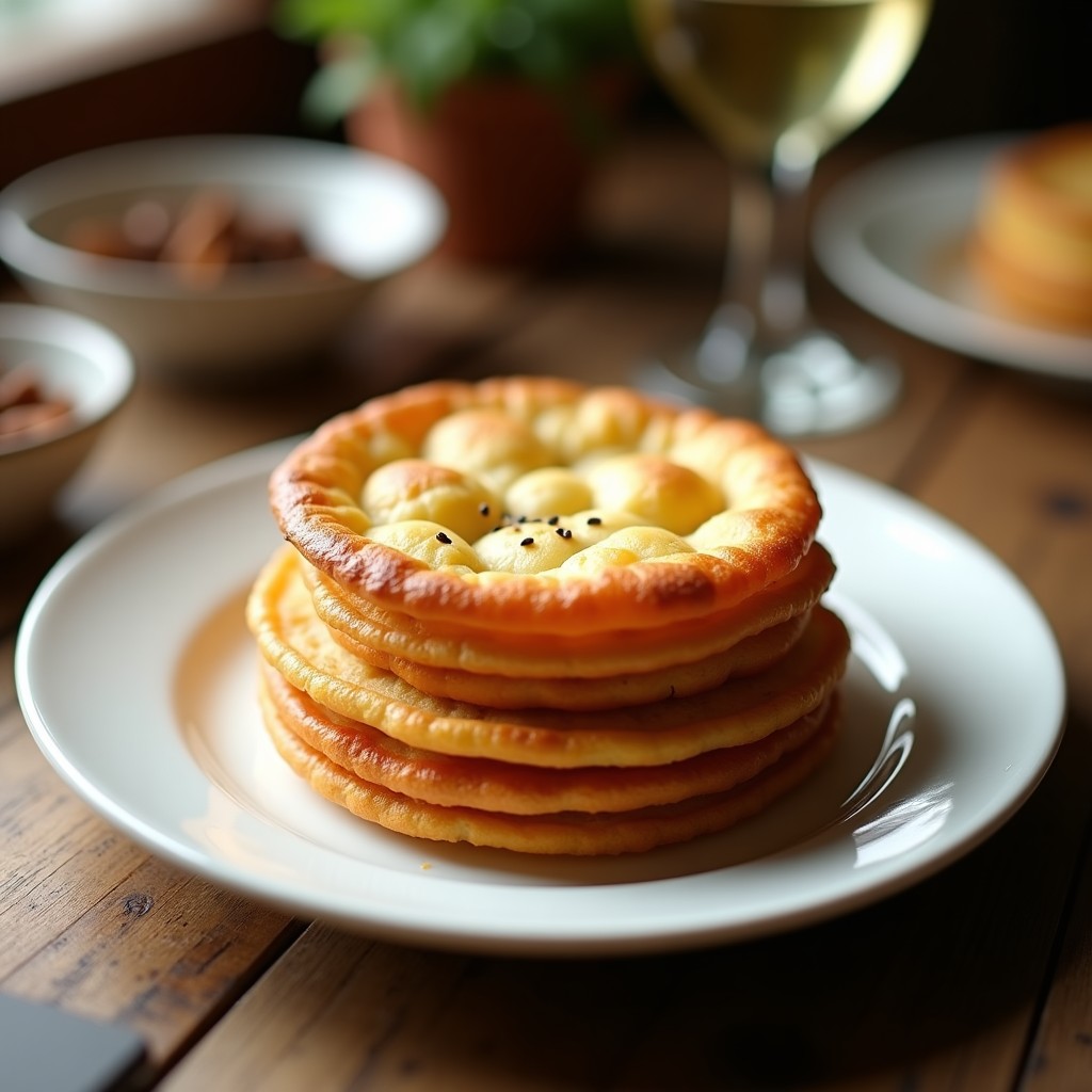 Tortas de aceite sevillanas doradas y crujientes apiladas en un plato de cerámica blanca, con semillas de anís visibles y un fondo rústico andaluz.