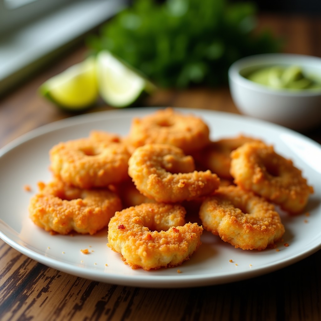 Tortas de camarones rebozados dorados y crujientes servidos en un plato blanco, acompañados de rodajas de limón y salsa verde, receta en airfryer.