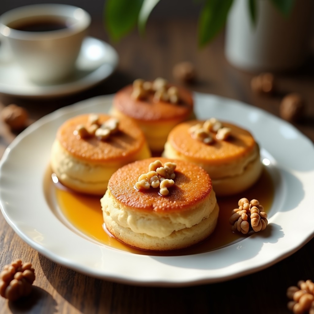 Tortas esponjosas doradas de café y miel sin harina, servidas en plato blanco con nueces picadas y un hilo de miel, receta gourmet y sin gluten.