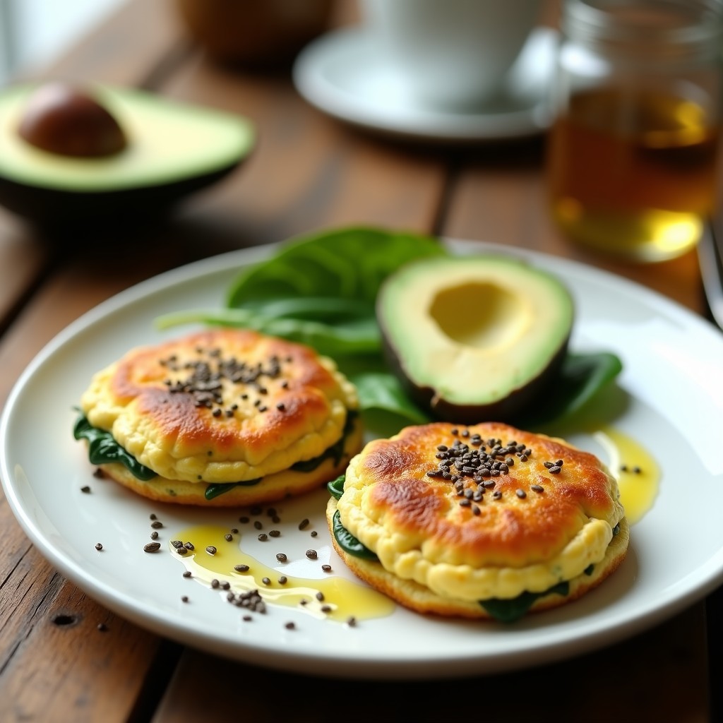 Tortas doradas de huevos con espinacas en Airfryer, receta keto sin harina, servidas en plato blanco con aguacate y semillas de chía.