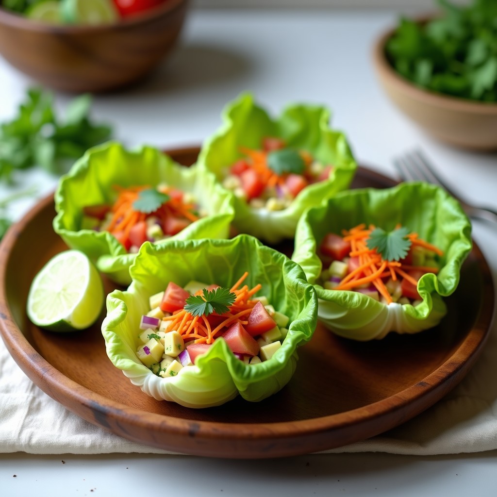 Tortas de lechuga romana rellenas de aguacate cremoso, tomate, cebolla morada y zanahoria rallada, servidas en plato de madera con rodajas de limón.