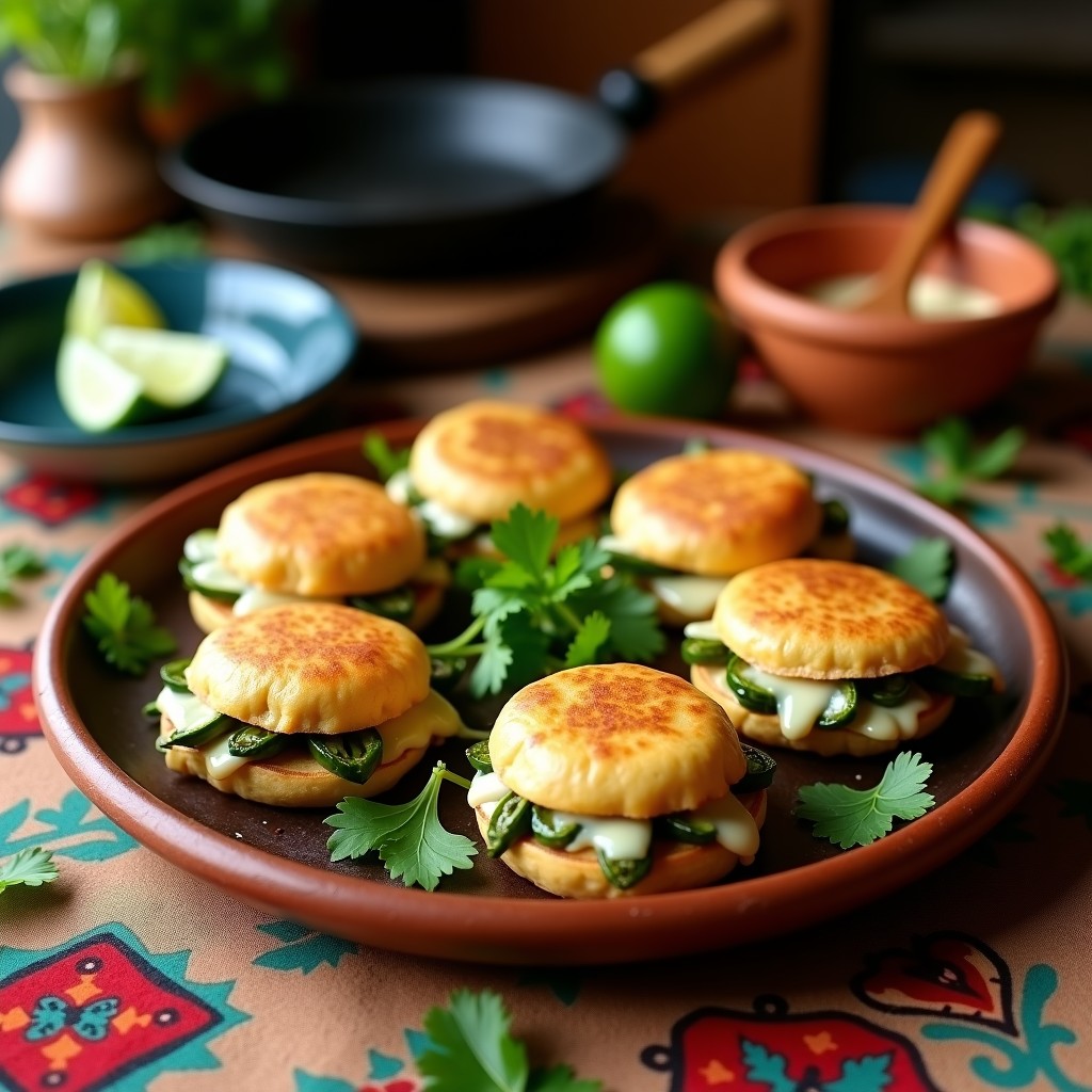 Plato de barro con tortas gruesas de maíz azul doradas, rellenas de queso panela derretido y rajas de chile poblano asado, acompañadas de crema ácida y hojas de epazote fresco sobre un mantel de fibra natural.
