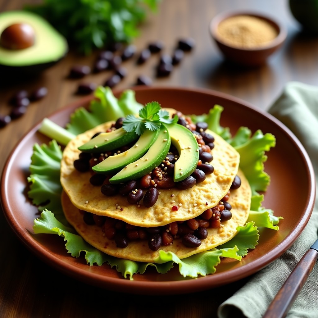Tortas de maíz doradas apiladas con una generosa capa de frijoles negros especiados, láminas de aguacate fresco y semillas de sésamo, servidas sobre hojas de lechuga romana en un plato de barro. Receta vegana sin horno.