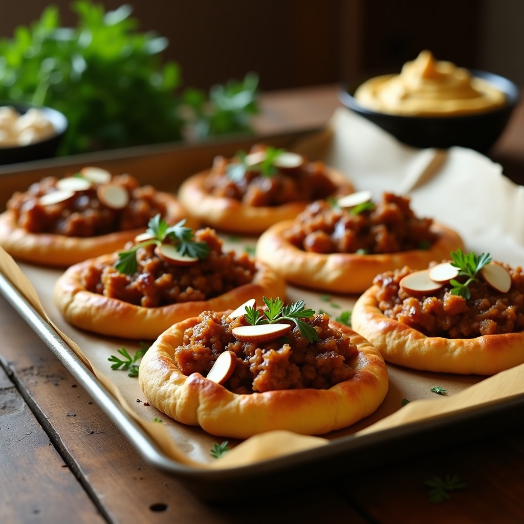 Tortas morenas andaluzas veganas con tofu ahumado y almendras, doradas y crujientes sobre papel de horno rústico.