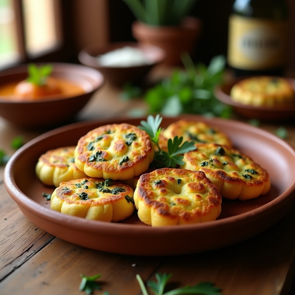 Plato de tortas morunas doradas con espinacas y huevos, decoradas con perejil fresco, servidas en un plato de barro rústico.