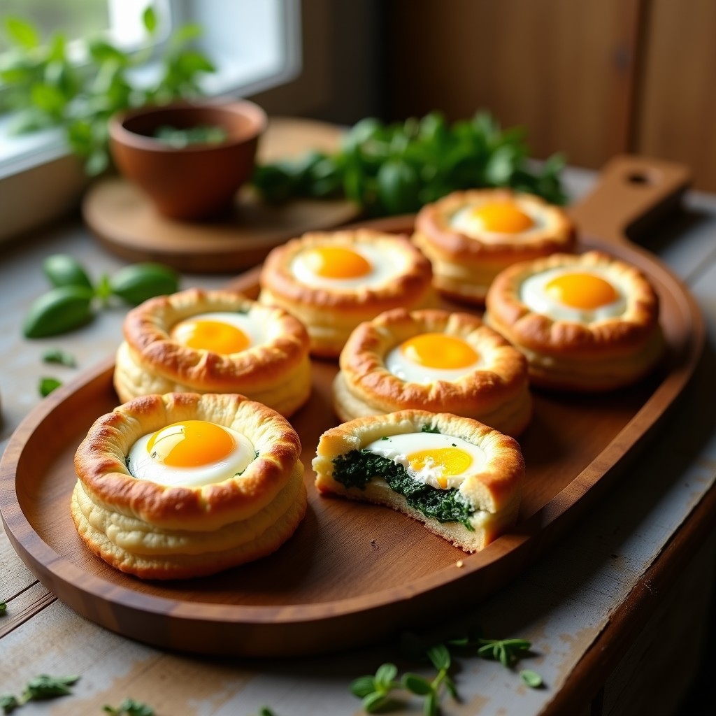 Tortas pascualinas doradas al horno con masa crujiente, rellenas de espinaca y ricotta, y coronadas con huevo cocido en el centro, servidas en una bandeja de madera rústica.