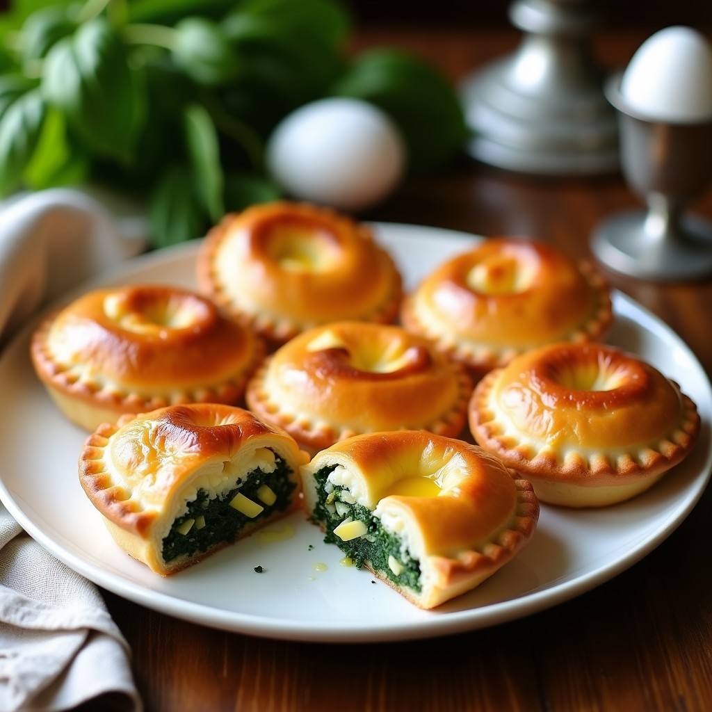 Tortas pascualinas uruguayas doradas al horno, con masa quebrada crujiente y rellenas de espinacas, huevo y queso, servidas en plato de cerámica blanca.