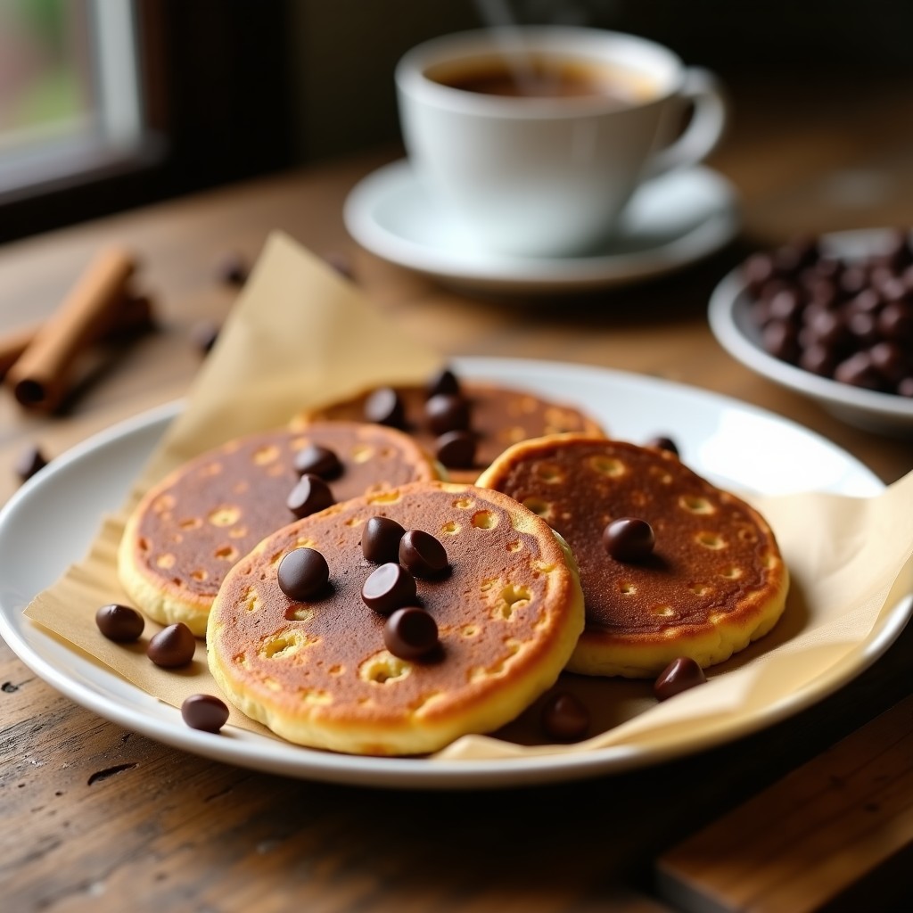 Plato blanco con 3 tortejas de café veganas doradas, esponjosas y con chips de chocolate negro derretido, servidas sobre papel de horno. Al fondo, una taza de café espresso y una pizca de canela espolvoreada.