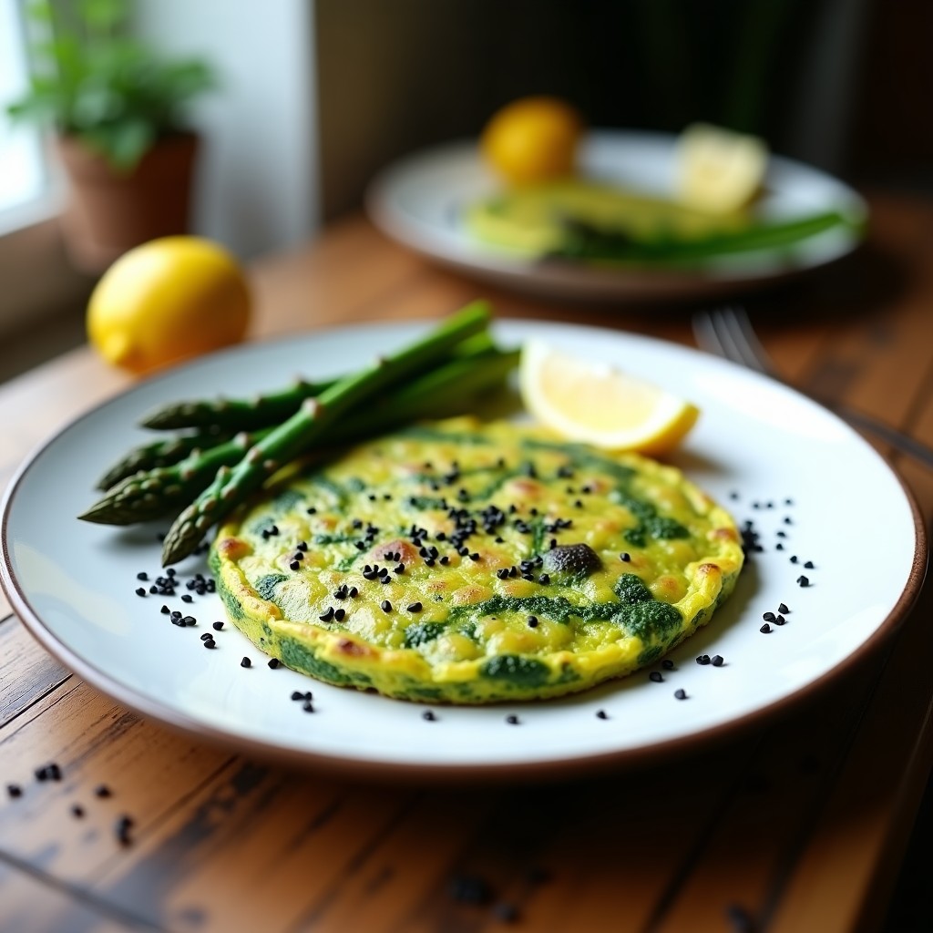 Tortilla vegana de color verde intenso por el alga espirulina, con trozos de espárragos verdes y semillas de sésamo negro, servida en un plato blanco rústico. Receta detox y alta en proteína.