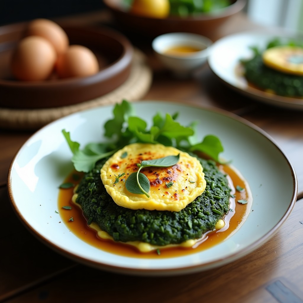 Tortilla vegana de algas marinas y espirulina, dorada por fuera y verde intensa por dentro, con trozos de cebolla morada y pimiento rojo. Servida en plato blanco con semillas de sésamo espolvoreadas, receta alta en hierro.