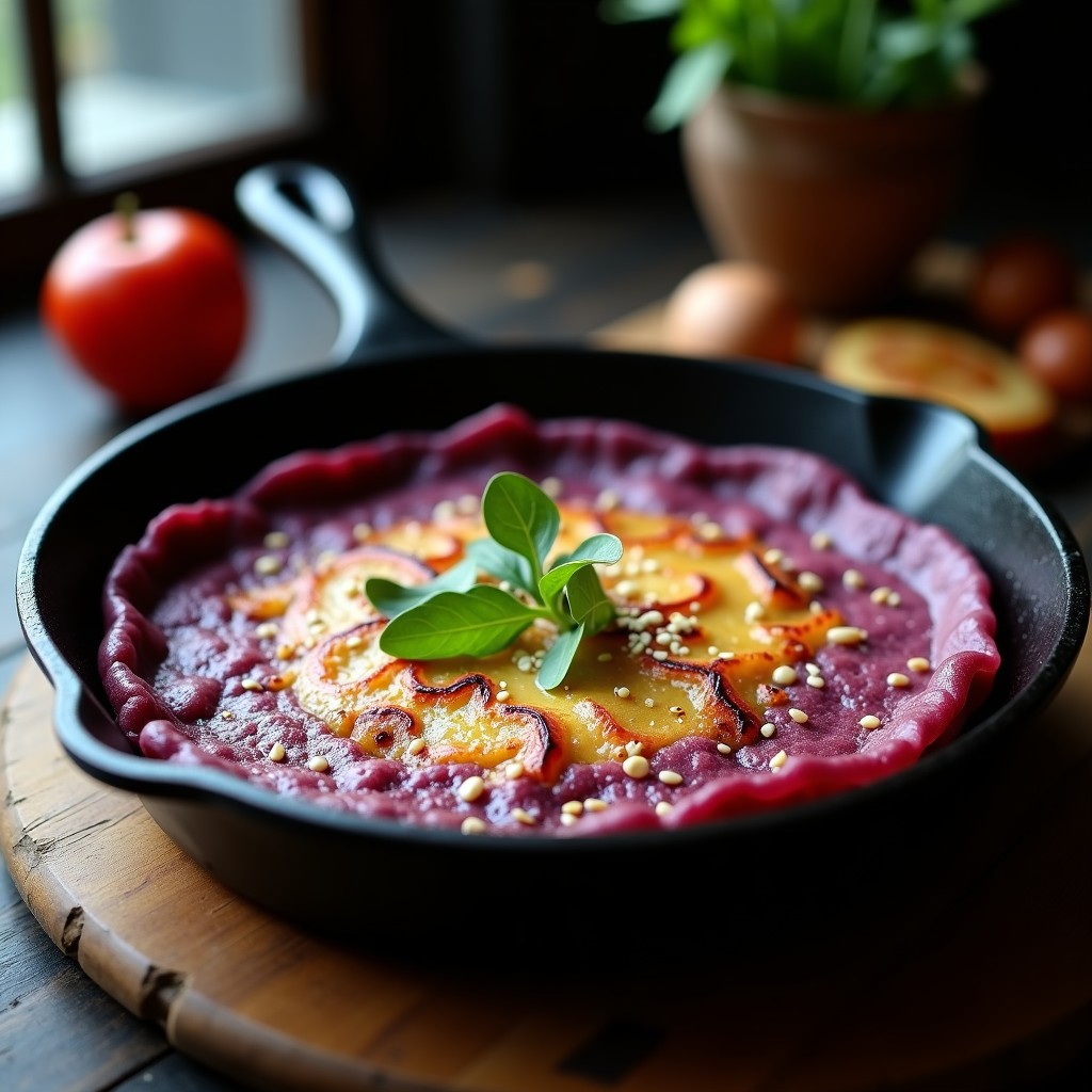 Tortilla vegana de batata morada y cebolla caramelizada en sartén antiadherente, con bordes dorados y textura esponjosa, servida sobre plato de madera con hojas de cilantro fresco.