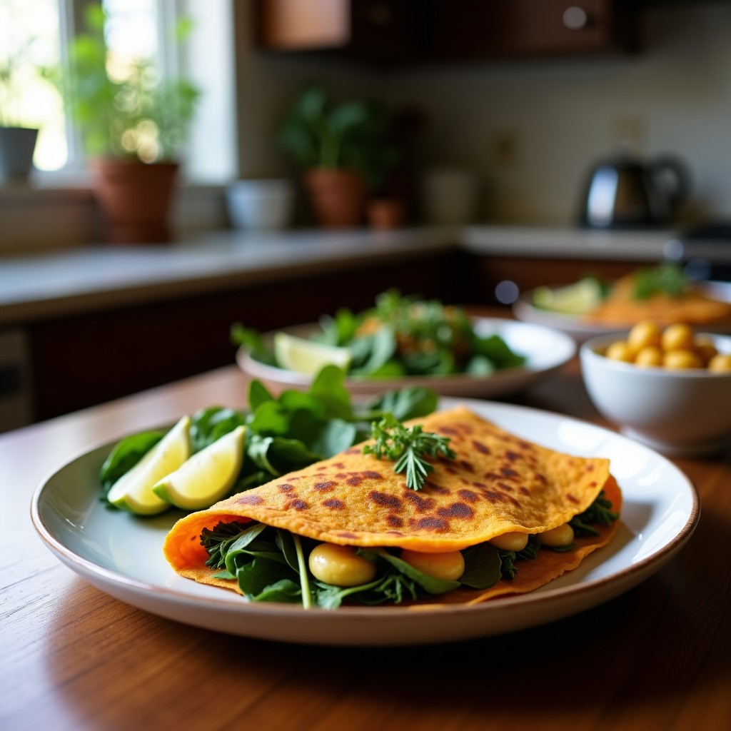 Tortilla dorada de batata morada y espinacas cortada en cuñas, servida en plato blanco con vinagreta de mostaza y miel, almendras fileteadas y perejil fresco. Receta sin gluten y vibrante.
