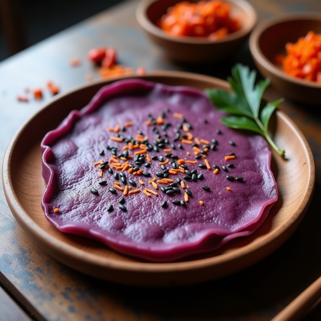 Tortilla vegana de batata morada y kimchi en olla lenta, con vibrante color púrpura y semillas de sésamo negro, servida en plato de madera rústico con fondo de especias coreanas.