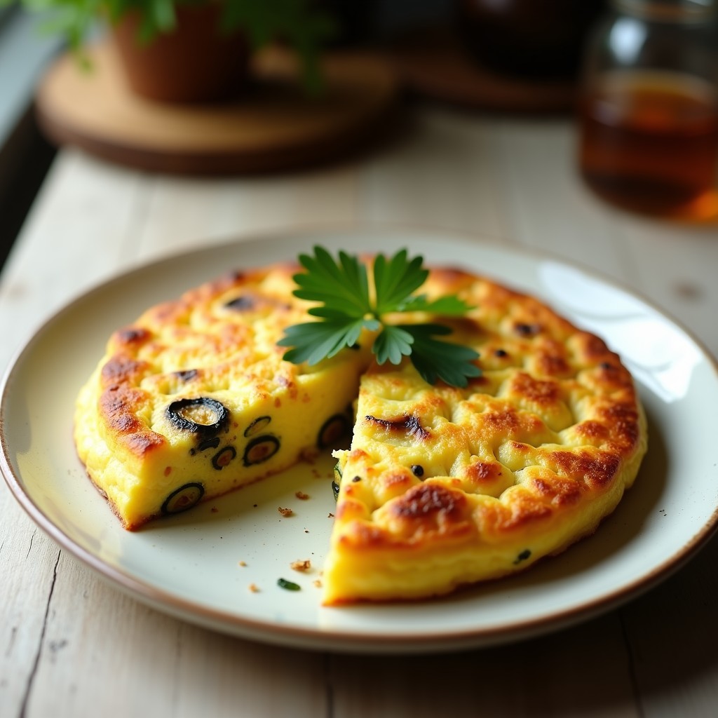 Tortilla dorada y esponjosa de calabacín ahumado en plato blanco rústico, cortada en porciones, con textura jugosa y trozos visibles de calabacín, servida con una ramita de perejil fresco.