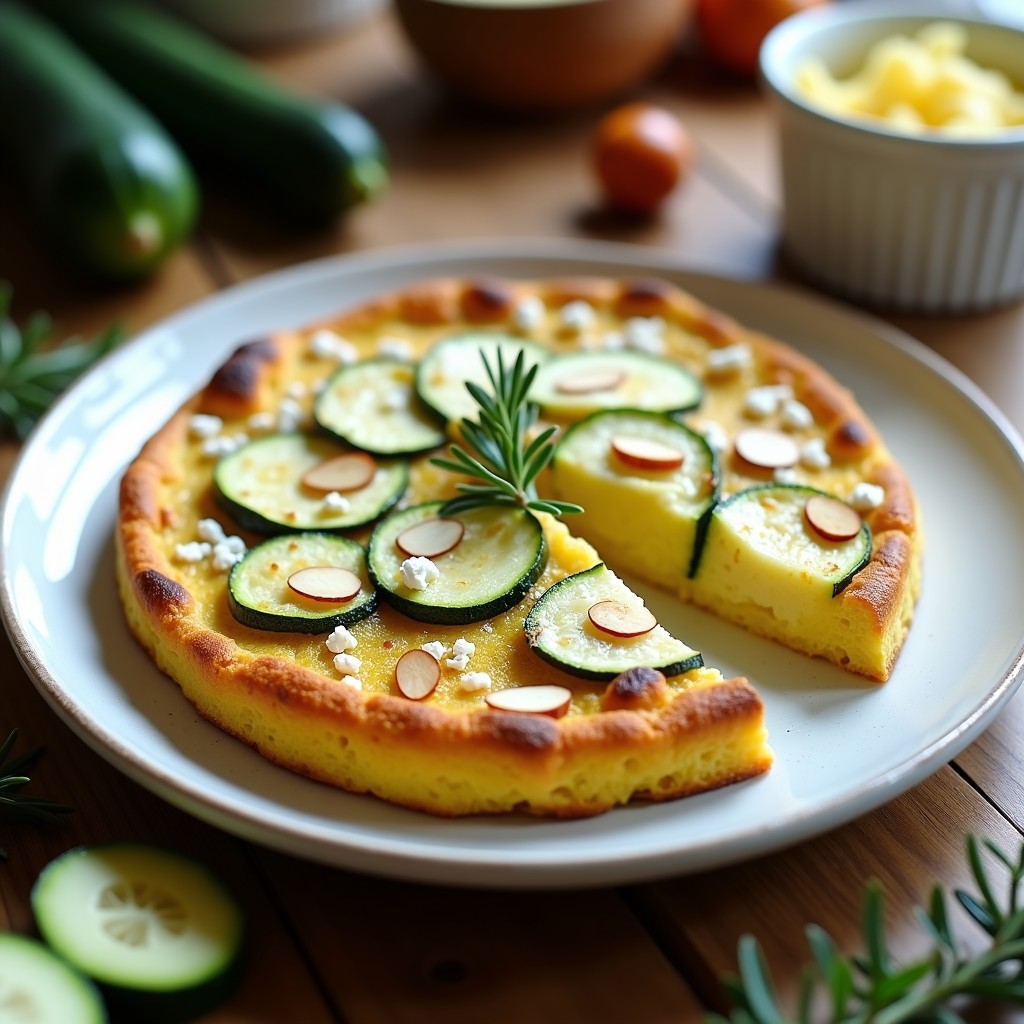 Tortilla dorada y esponjosa de calabacín ahumado en Thermomix, cortada en porciones, con queso de cabra desmenuzado y almendras fileteadas por encima, servida en plato blanco rústico.