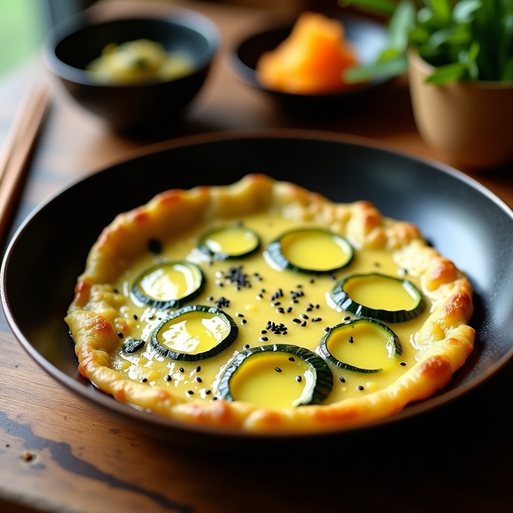 Tortilla dorada y esponjosa de calabacín y algas nori en sartén antiadherente, decorada con semillas de sésamo y tiras de alga nori, receta japonesa alta en yodo.