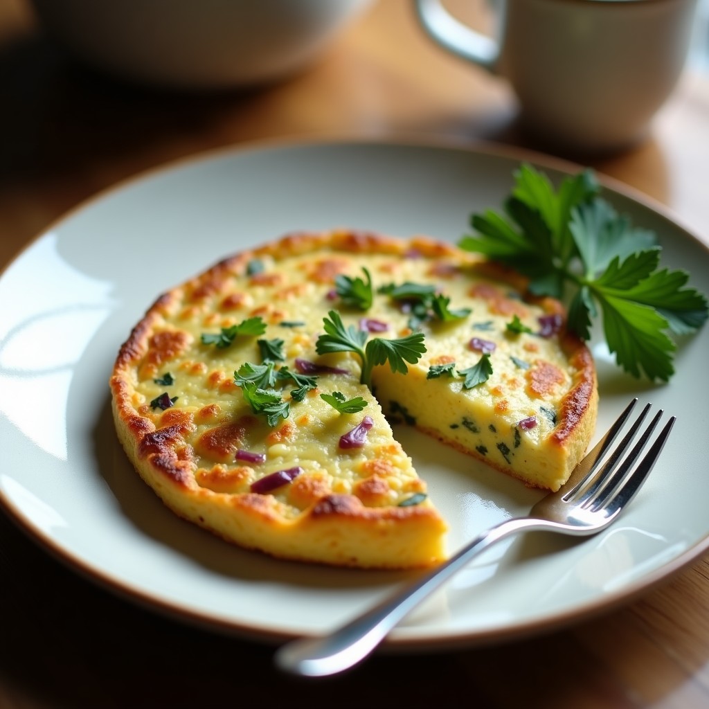 Tortilla dorada de calabacín y harina de garbanzo en Airfryer, cortada en porciones, con textura esponjosa y bordes crujientes, servida sobre un plato blanco con hierbas frescas.