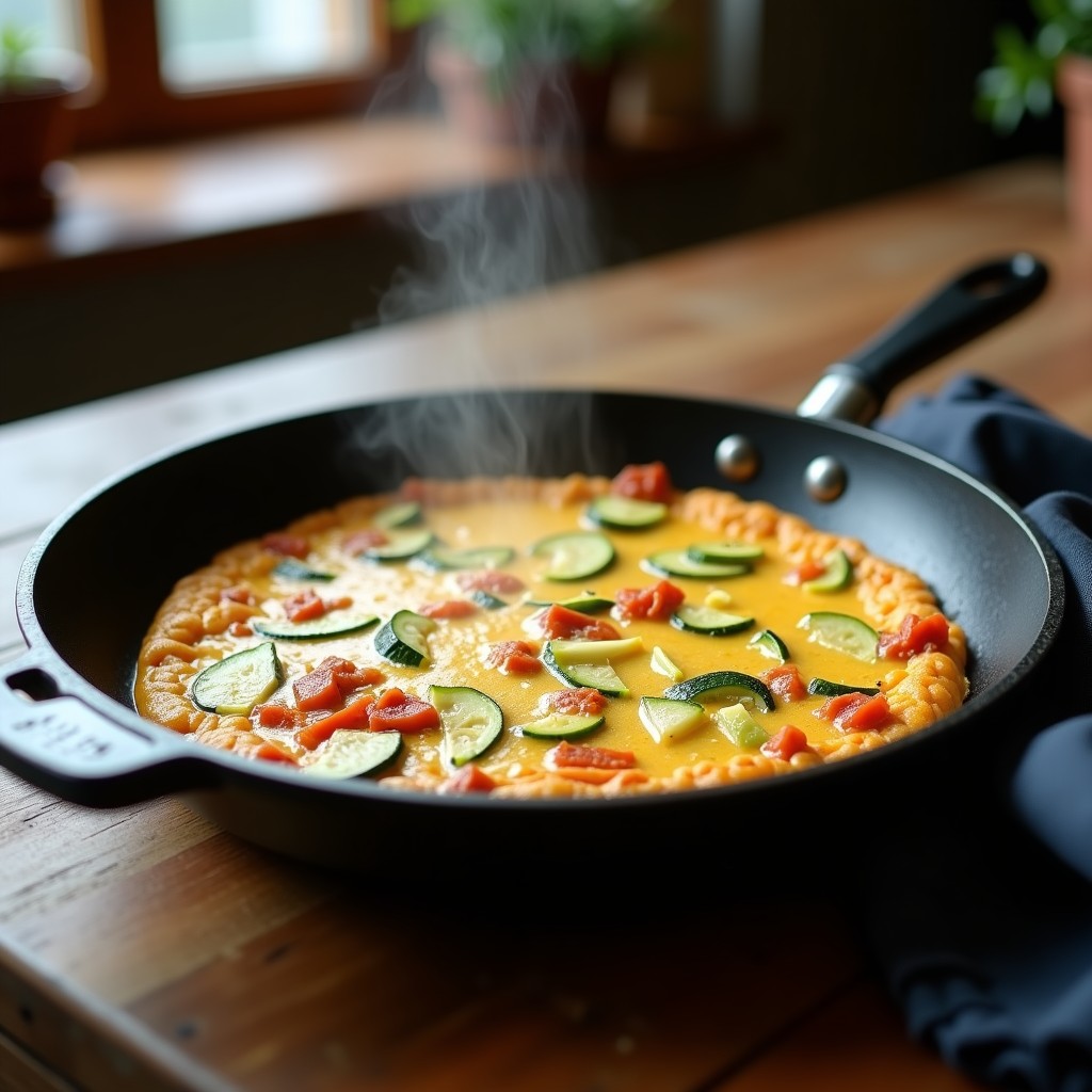 Tortilla dorada en sartén antiadherente con trozos de calabacín verde y kimchi rojo, desayuno fusión coreano-español humeante.